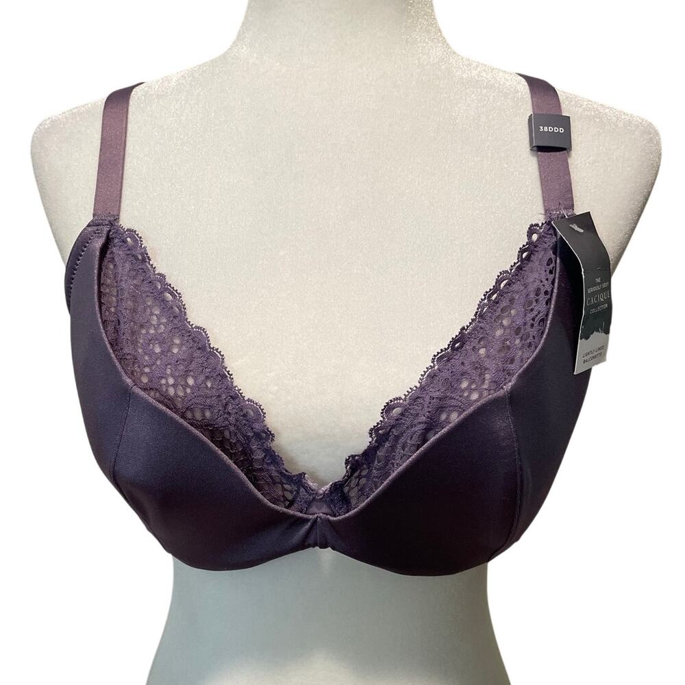 Cacique NWT Lightly Lined Balconette Bra Sz 38DDD Purple Lace Layered Feminine